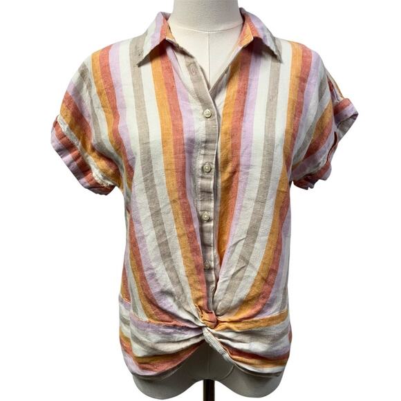 Lou & Grey Striped Linen Twist Front Shirt Women Small Preppy Beach Coastal Pink - Picture 1 of 15